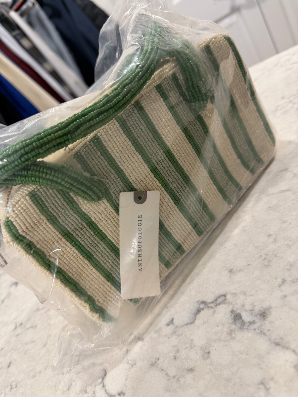 Anthropologie Striped Beaded Shoulder/Hand Bag in Green and Cream